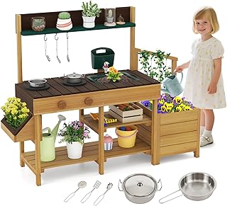 Costzon Play Kitchen for Kids, Wooden Toy Playset w/Removable Faucet, Sink, Stoves, Rotation Knobs, Planter Boxes, Trellis & Cooking Accessories, Pretend Mud Kitchen for Boys Girls Aged 3-8 (Brown)