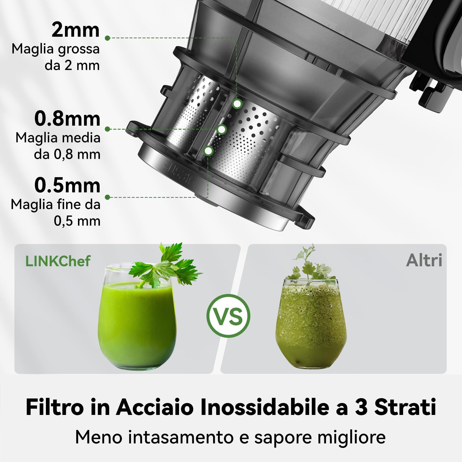 LINKChef Estrattore Frutta e Verdura con Centrifuga 130mm, Estrattore di Succo Slow Juicer, BPA-Free, Capacità 1.8L, Facile da Assemblare,Operazione One-Touch