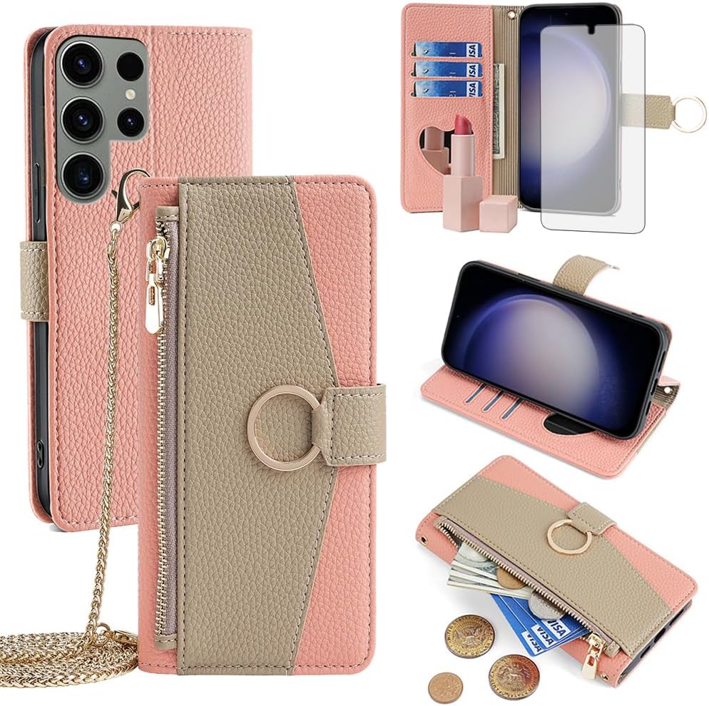 Asuwish Phone Case for Samsung Galaxy S23 Ultra 5G Wallet Cover with Screen Protector and Mirror Flip Cover Ring Card Holder Crossbody Strap Cell S23Ultra 23S S 23 23Ultra 6.8 inch Women Girls Pink