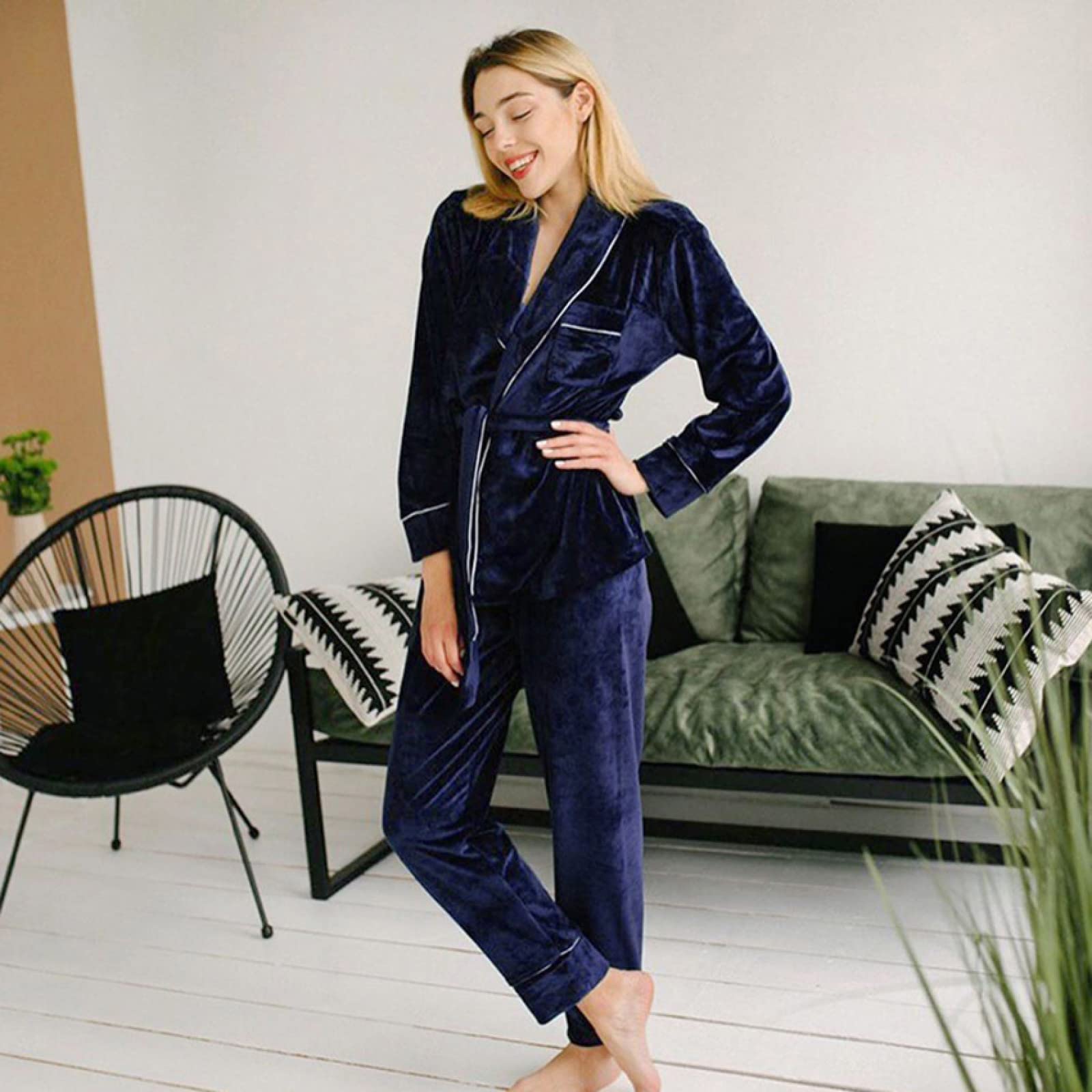 Conjunto De Dos Piezas De Pijama De Manga Larga para Mujer, Conjunto De Cárdigan Cálido Y Cómodo, Camisón Sexy para Mujer,Blue,XL