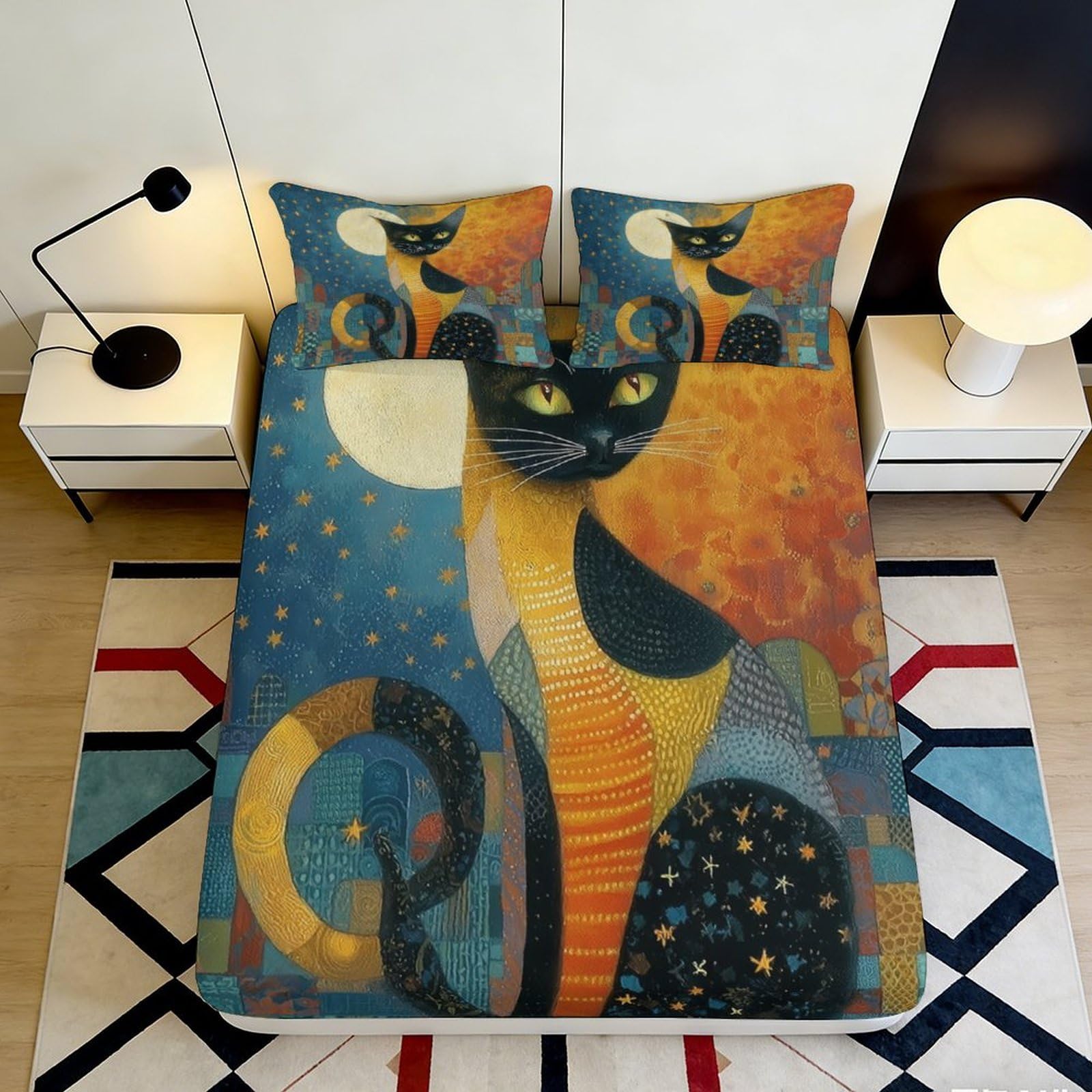 3D Printed Artistic Cat Fitted Sheet Microfiber Cozy Mattress Cover for Bedroom Dorm Room Decor Protection 160x200x25cm