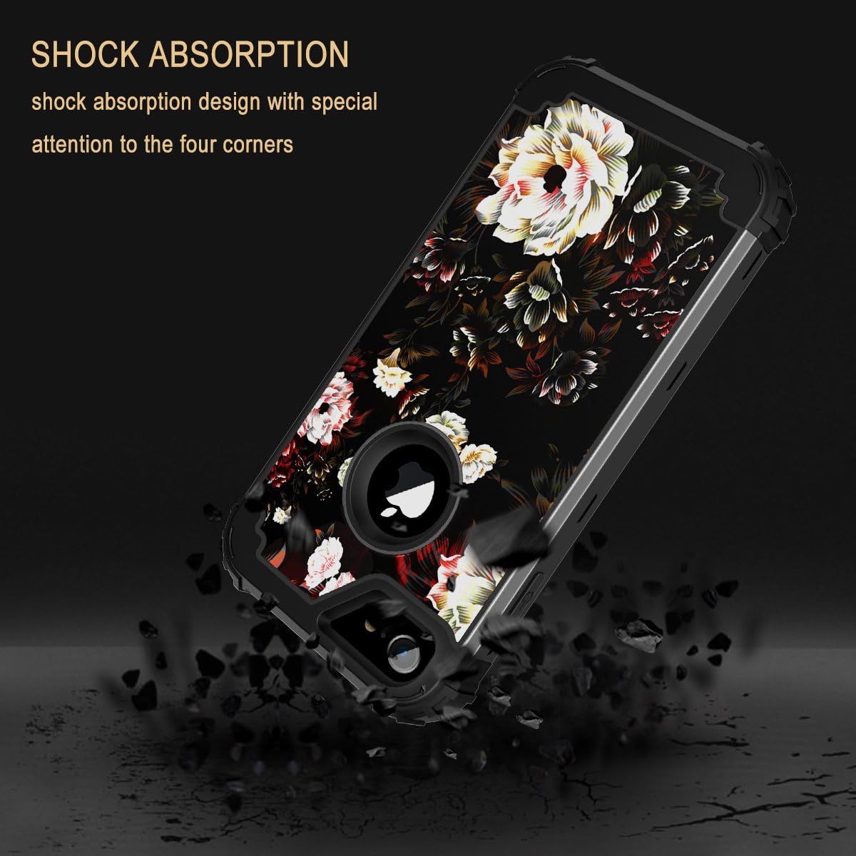 LONTECT Compatible iPhone 8 Case, iPhone 7 Case Floral 3 in 1 Heavy Duty Hybrid Sturdy High Impact Shockproof Protective Cover Case for Apple iPhone 8/iPhone 7 - Flower/Black