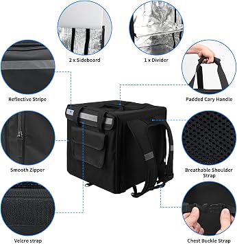 Backpack Premium Food Delivery Bag, Thermal Insulated Cooler Bag Large Capacity Suitable for Cold and Hot Food with Dividers, Takeaway Home Delivery, Suitable for Bike 40x40x43cm 68L
