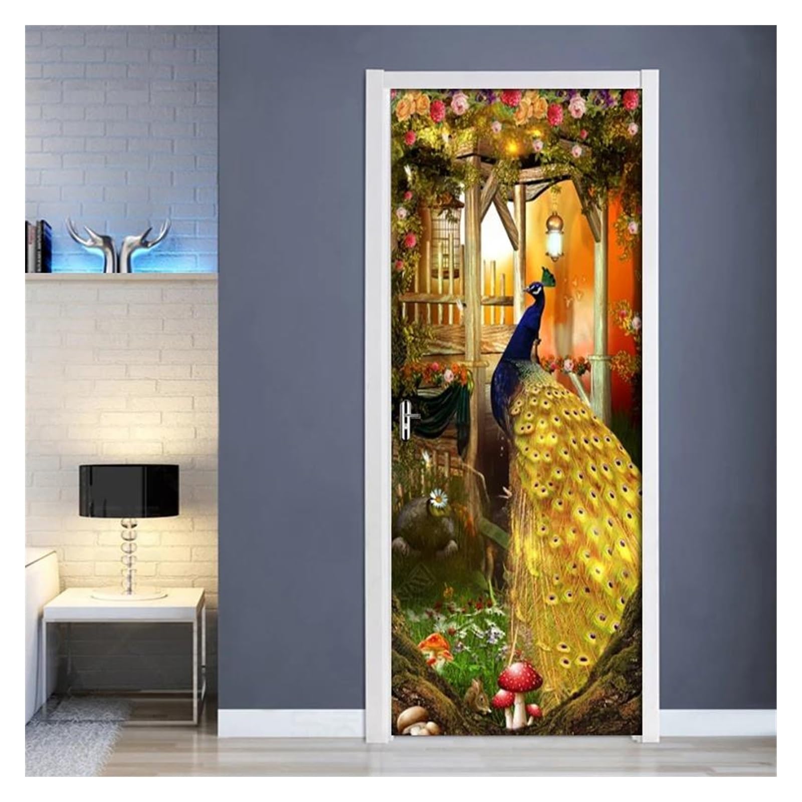 Sticker mural paon 3D grand format déco salon PVC