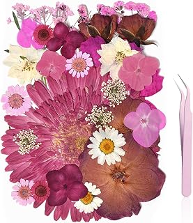 yuboo 32Pcs Hot Pink Dried Flowers for Resin, Bulk Real Natural Pressed Flowers for Art Crafts DIY Gifts , with Tweezer, for Scrapbooking Candle Soap Making Frame Nails