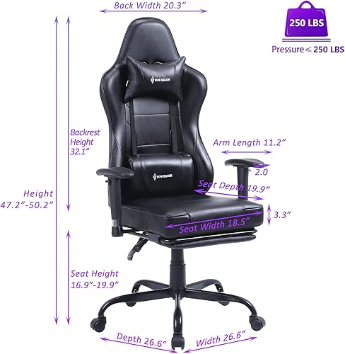 Miniatura 3 de VON RACER Massage Gaming Chair with Footrest - Racing Desk Office Chair with Retractable Footrest and 2D Armrests High Back Ergonomic Leather