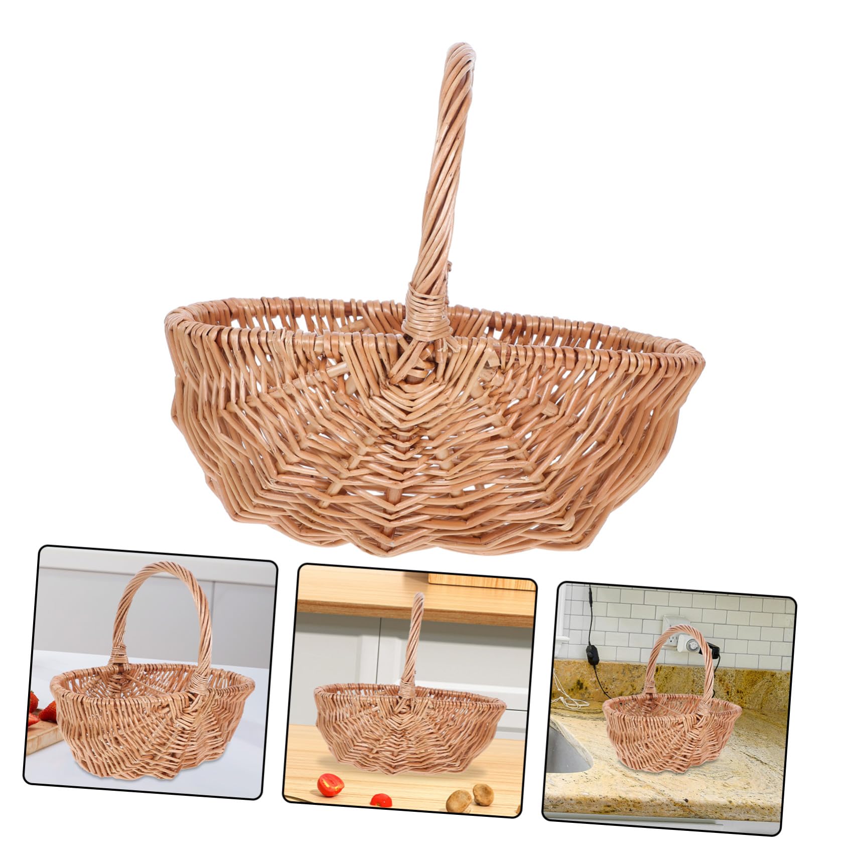 Cesta De Mimbre Tejida a Mano para Picnic y Recolección Cesta Pequeña Ovalada De Sauce Natural De 27 Cm con Asa Portátil para Huevos Frutas y Verduras Al Aire Libre