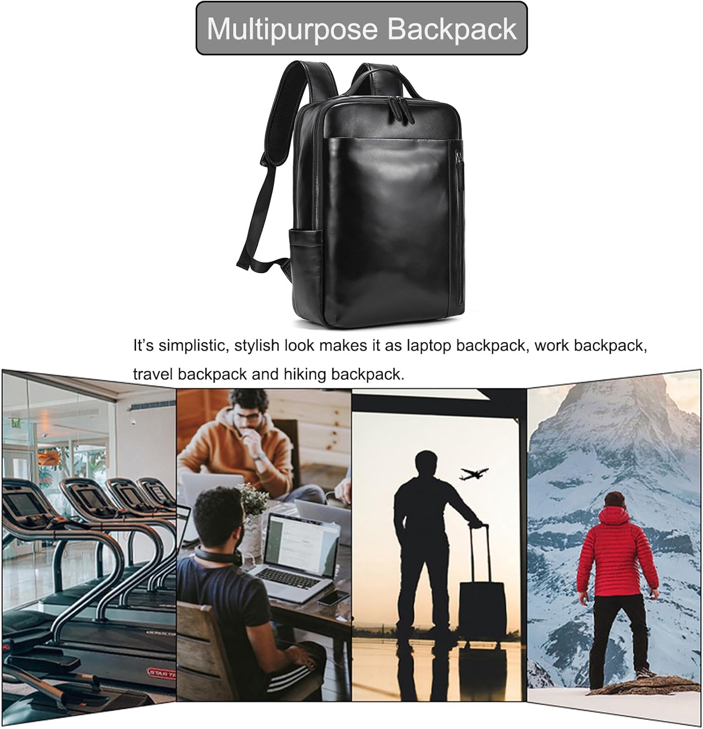 LUUFAN Genuine Leather Shoulder Bag for Men, Casual Backpack Laptop Rucksack Business Daypack Travel Outdoor Bag, Black