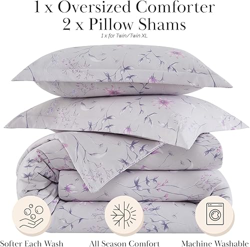 Miniatura 209 de Southshore Fine Living, Inc. Juego de edredón de 2 piezas, tamaño individual, juego de edredón floral con funda de almohada, pájaros y flores