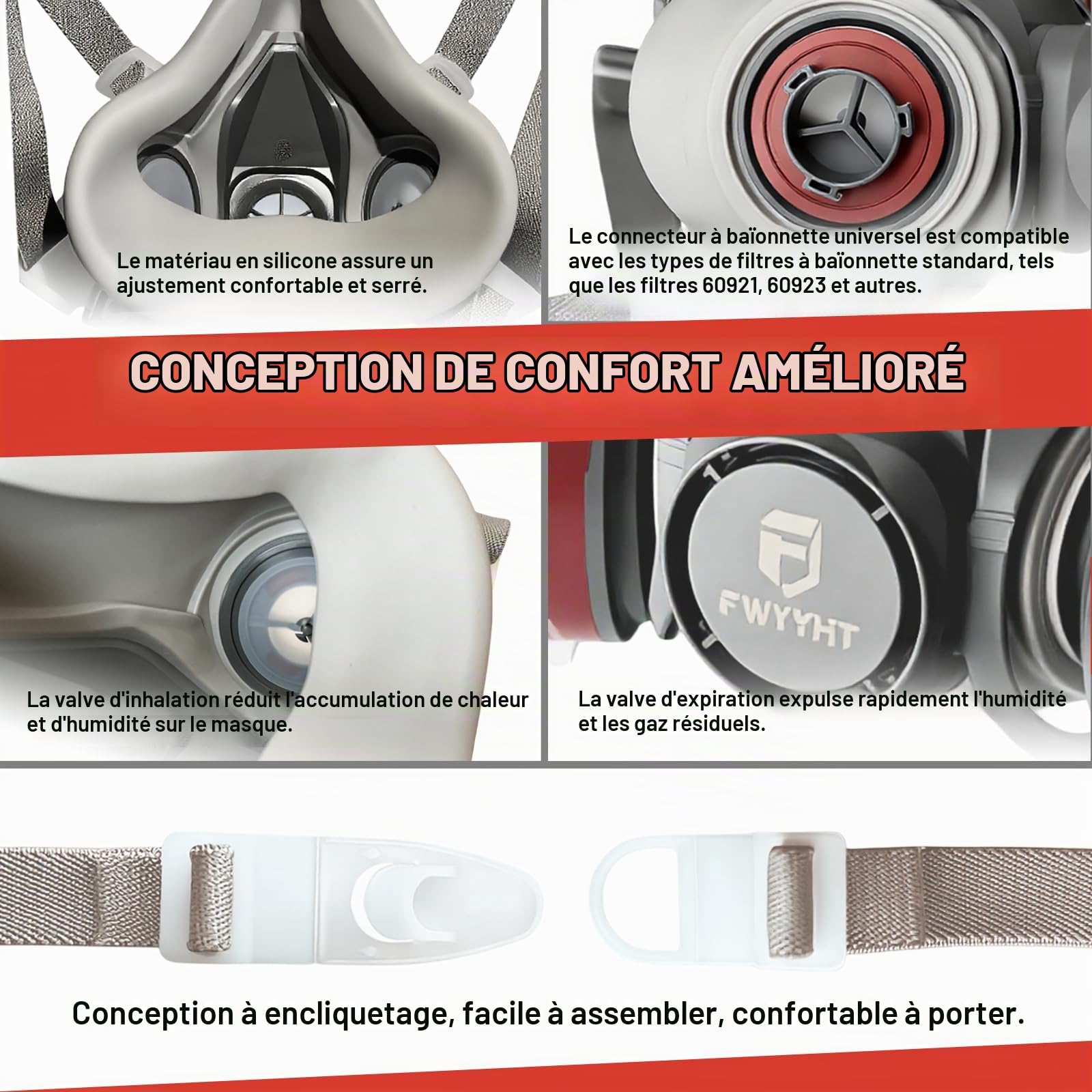 Masque anti Poussiere Pollen Odeur Vapeur Particules Fines Chimiques avec A1 Filtre, Masque a Gaz Reutilisable pour Peinture, Travaux, Resine Epoxy, Soudure,Poncage,Sablage,Meulage,Chantier