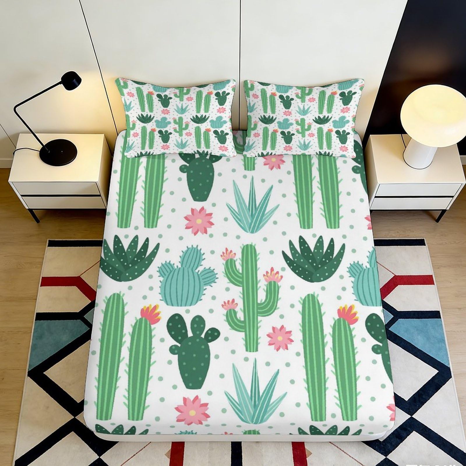 3D Printed Cactus Botanical Fitted Sheet Microfiber Soft Breathable Succulent Bed Cover for Bedroom Guest Room Décor 90x200x25cm