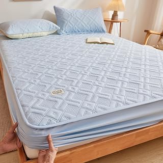 Vattentätt madrasskydd queen size mjukt quiltat dra-på-lakan dammtätt madrassöverdrag sängöverdrag full wrap djup ficka på 30 cm maskintvättbar sovsal, blå, 120 x 200 cm (FULL)