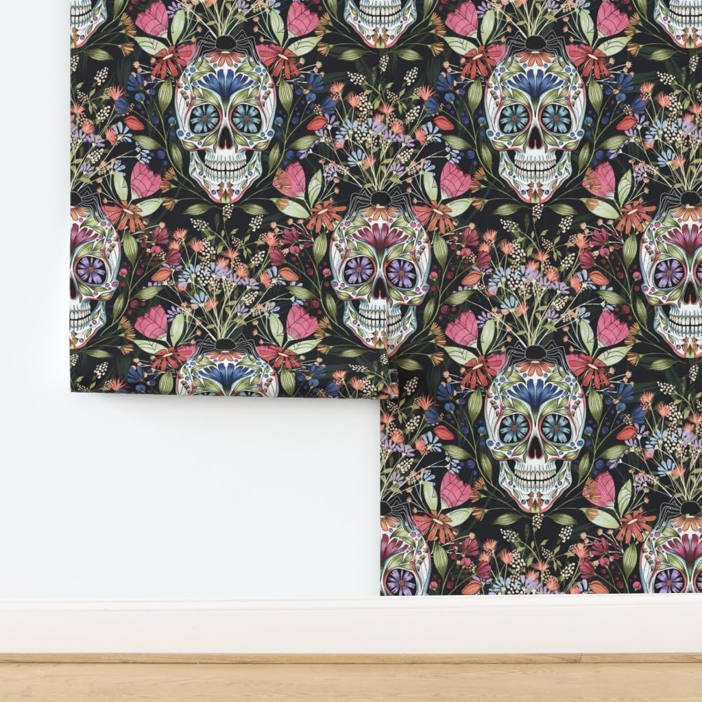 Spoonflower Peel & Stick Wallpaper 3ft x 2ft - Spooky Elegance Floral Skull Illustration Halloween Sugar La Dia De Los Muertos Custom Removable Wallpaper