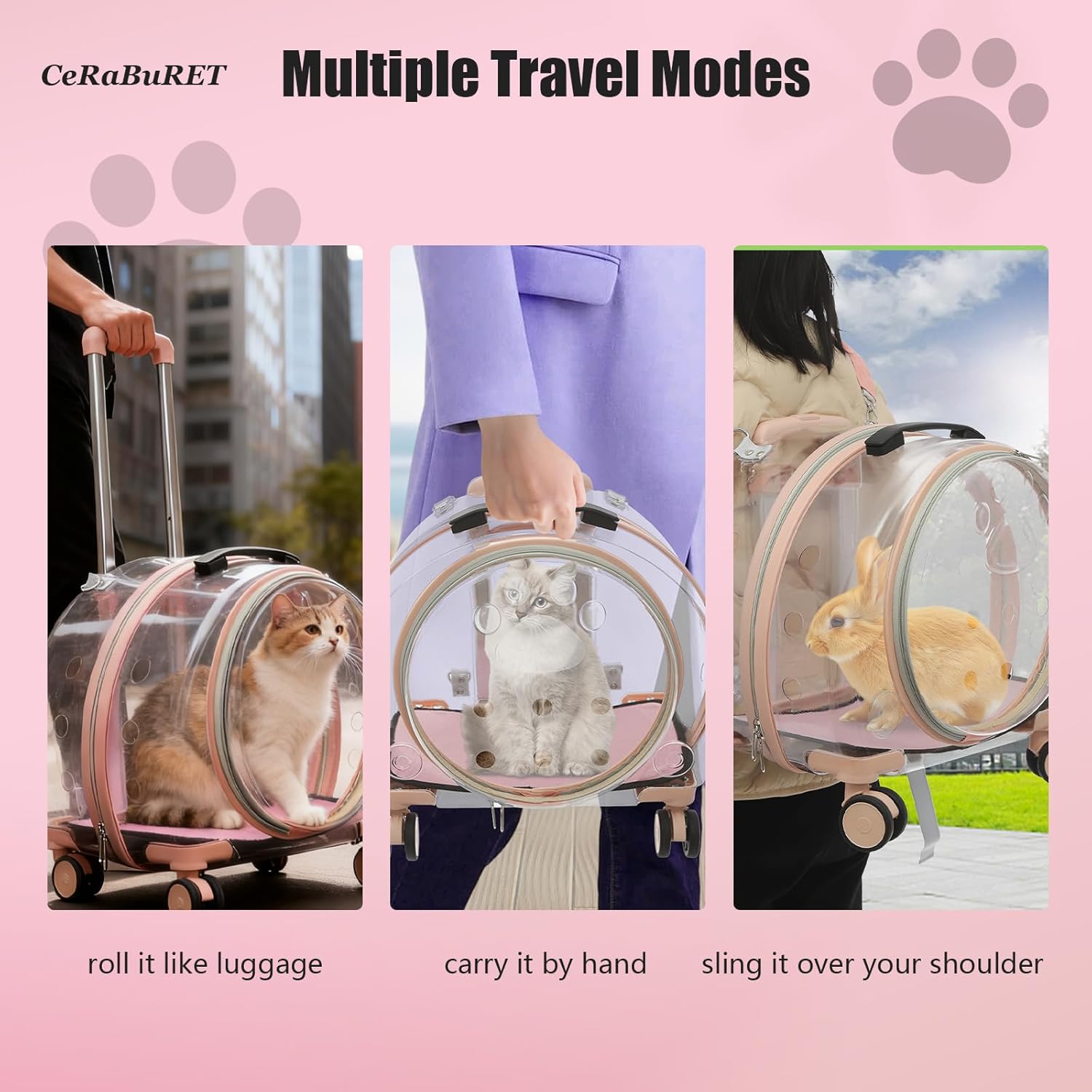 Transparent & Fully Breathable Hard Cat Carrier with Rolling Wheels, Multiple Carrying Carrier for Cats, Dogs, Or Bunnies for Traveling, Taking a Walk, Applicable Weighing up to 19.84lbs (Pink,Clear)