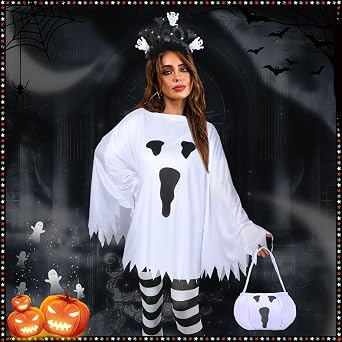 4 PCS Halloween Costume Set for Women Adult Ghost Costume, Ghost Poncho, Candy bag Headband and Nylon Striped Tights for Halloween Cosplay Party