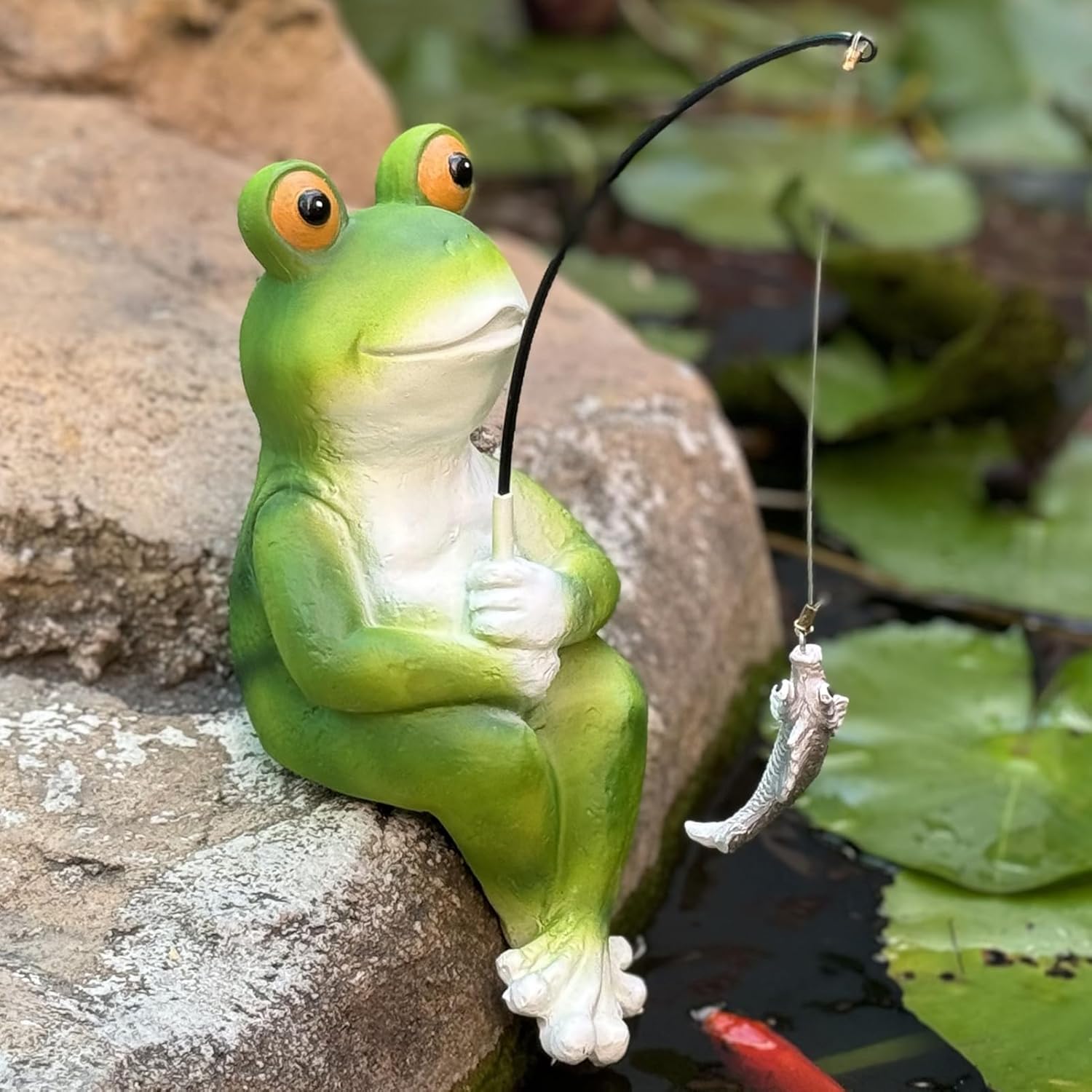 Frog Decoration for Yard Outdoor Garden Decor 9.7 Inch Tall Fishing Frog Statue for Koi Pond, Waterfalls or Poolside Ornaments, Fisher Animals Pond Decor, Gift for Mom & Women - Image 7
