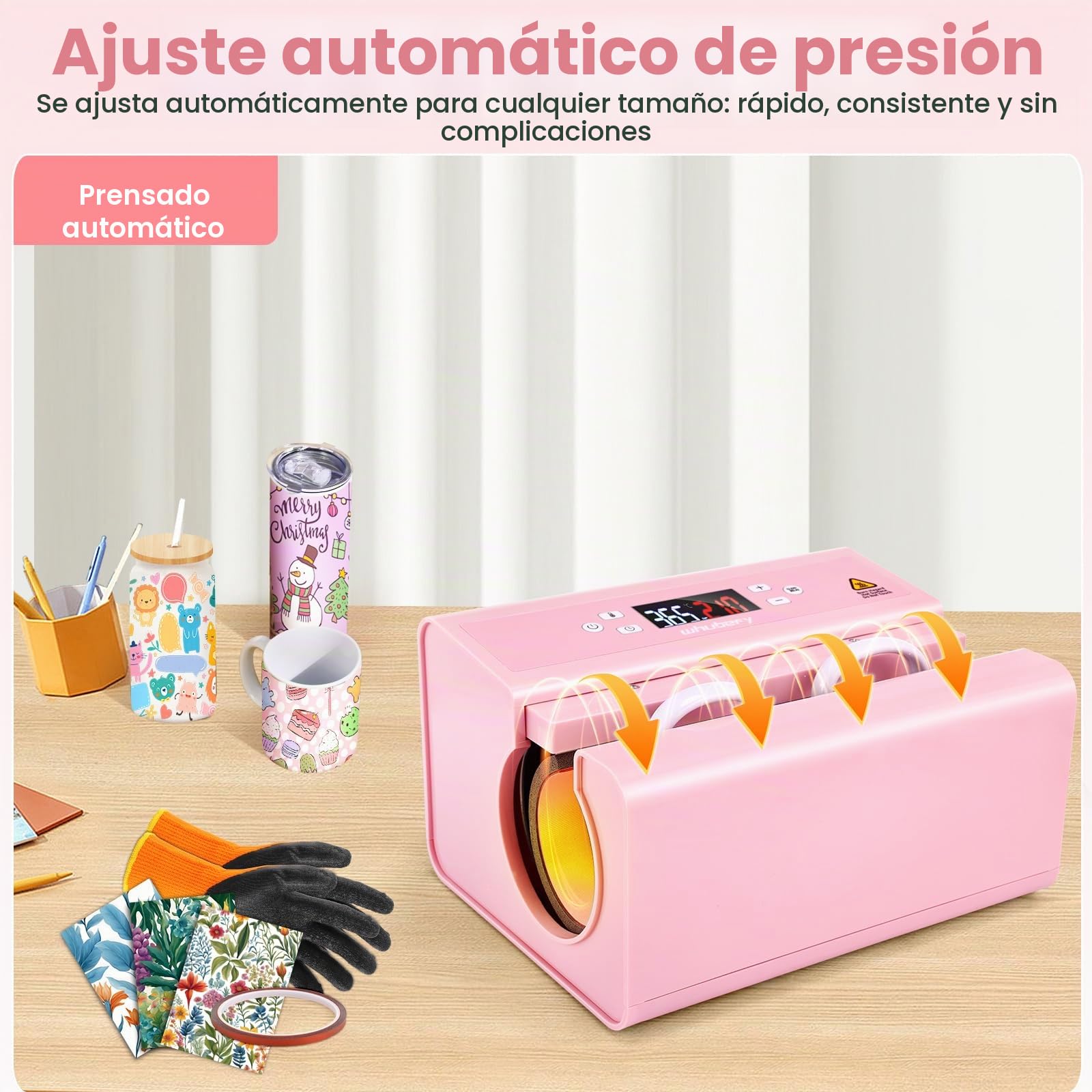 AKEYDIY Prensa de Calor Automática para Tazas - Máquina de Sublimación para Tumblers de 325-887 ml (Diámetro 7,5-8,5 cm) - 550W con Control Digital para Vasos, Copas y Botellas - Rosa