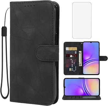 Case for Galaxy A05, Samsung A05 SM-A055F Flip Wallet Case with Tempered Glass Screen Protector, Skin Feel PU Leather, Kickstand, Card Holder, Black