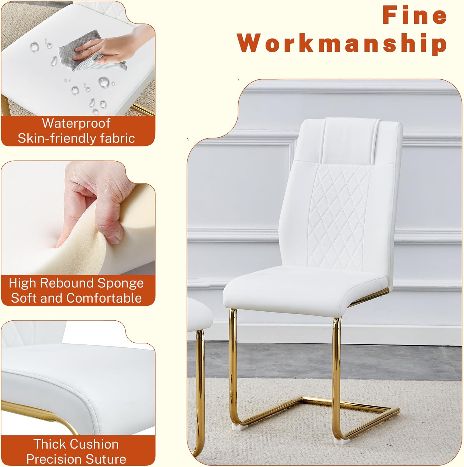Modern Dining Table Set with 6 White Chairs, 71 Inch Rectangular Dining Room Table with Gold Leg White Marble Pattern Kitchen Table for Kitchen Apartment Restaurant