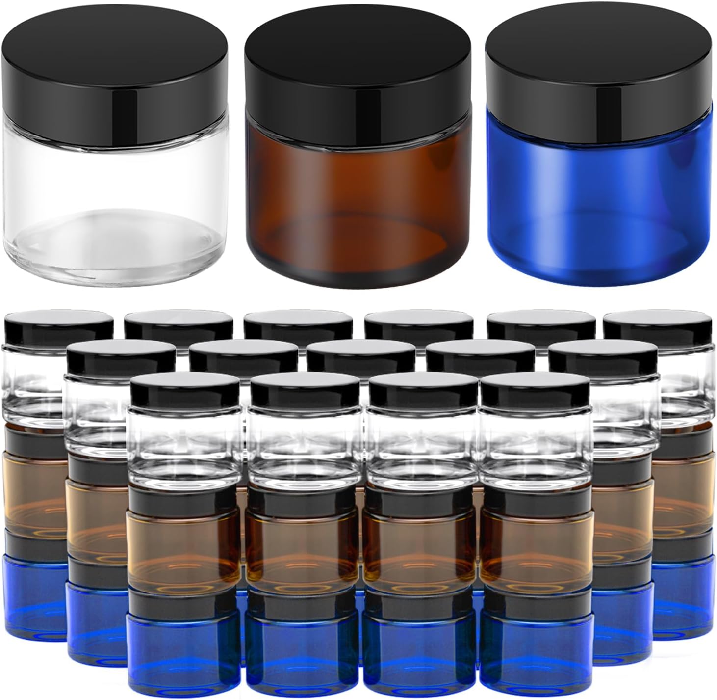 2 oz Glass Jars with Lids, 48 pack Round Small Containers with White Lids, Blank Labels & Inner Liners, Empty Cosmetic Containers for Sample, Powder, Cream, Lotion