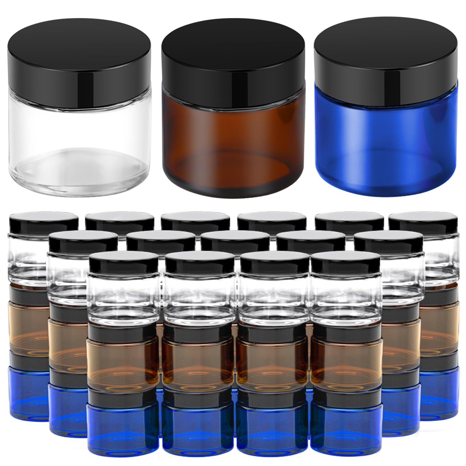 2 oz Glass Jars with Lids, 48 pack Round Small Containers with White Lids, Blank Labels & Inner Liners, Empty Cosmetic Containers for Sample, Powder, Cream, Lotion