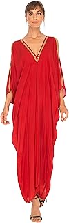 Womens Kaftan Cover Up Long Maxi Dress Cold Shoulder Gold Beads V Neck
