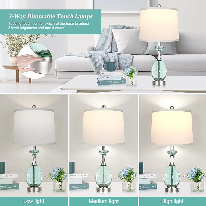 Hamucd 26" Coastal Glass Table Lamps Set of 2, 3-Way Dimmable Touch Control Blue Nautical Lamp with USB A+C Ports,Bedside Lamps Beach Decor , Modern Nightstand Lamps with 2 LED Bulbs for Bedroom Living Room photo 2