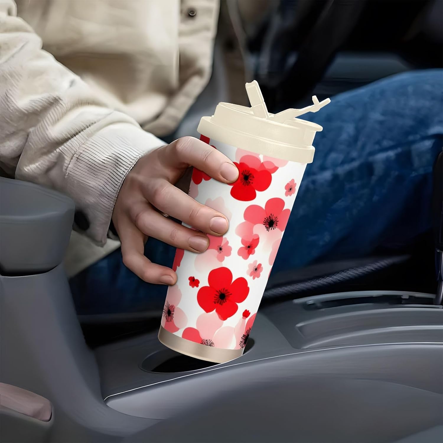 Red White Flowers Little Insulated Coffee Mug with Straw & Flip Lid, 16.9oz Iced Tumbler Cup, Double Wall Vacuum Leak-Proof Mug for Travel Office