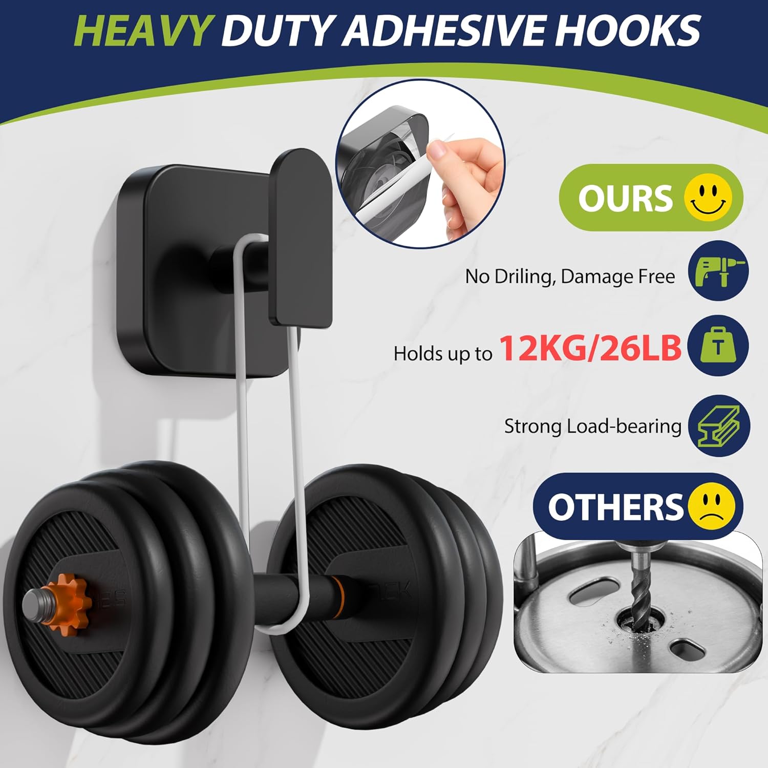 Aikzik Large Heavy Duty Wall Hooks - 26lb Max, Stainless Steel Replaceable Adhesive Towel Hook, Hooks for Hanging Towel, Coat, Sticky Towel Holder Stick on Bathroom, Shower, Kitchen, Black(2 Pack) image 5