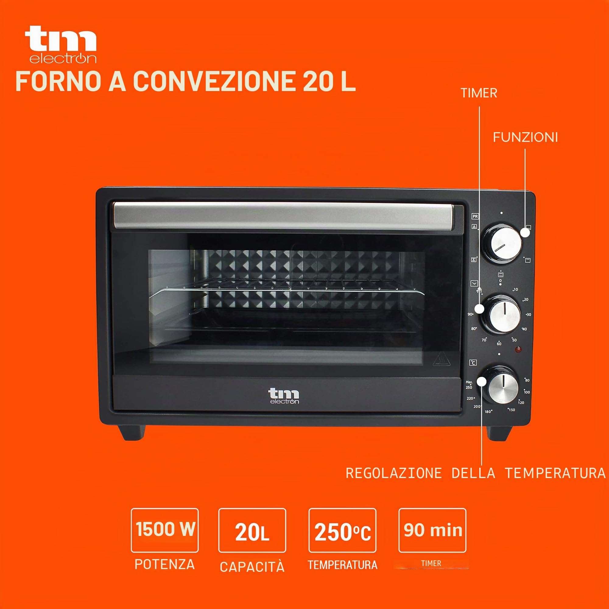 TM Electron TMPHO020 - Forno a convezione da tavolo, 5 funzioni, capacità 20 litri, timer 90 minuti, temperatura regolabile da 80° a 250°, 1500W