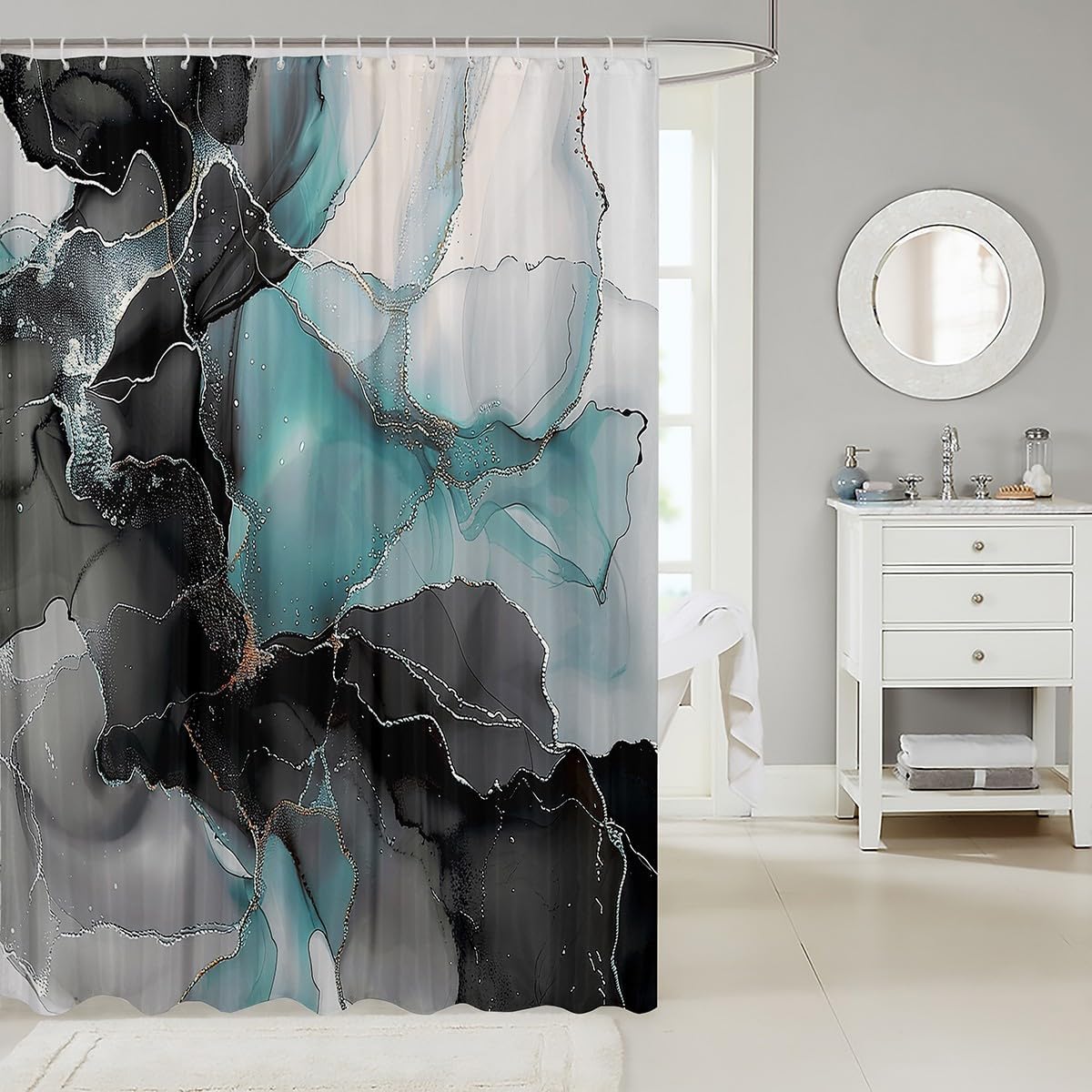 Chic Watercolor Shower Curtain Black Teal Marble Bathroom Curtain, Stone Pattern Bath Curtain Golden Metallic Shower Curtain Set, Aesthetic Foil Print Bathroom Accessories for Kids Teens Adults