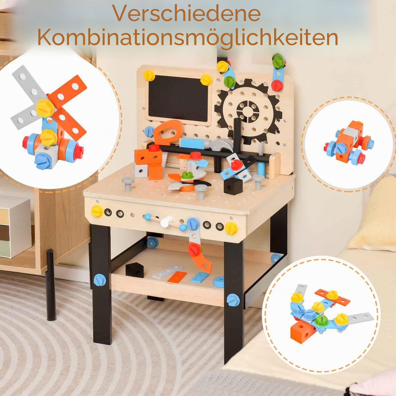 HOMASIS Werkzeugbank Kinder, Werkbank Spielwerkbank Holz, Werkstatt mit 75 TLG. Zubehör & Tafel & Arbeitsplatte & unteren Ablage, Spielzeug-Werkbank Kinderwerkbank ab 3 Jahre (46x37x72cm)