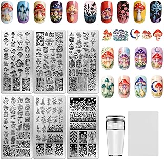 6 Sheets Nail Stamping Plate Mushrooms Nail Art Stamp Flowers Plants Patterns Stainless Steel Nails Stencils with Stamper and Scraper for Women DIY Design Manicure