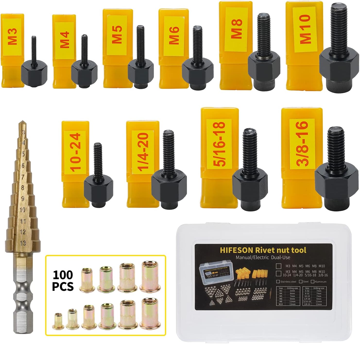 HIFESON Rivet Nut Tool,Hand Nuts Riveter,Rivnut Tool with Metric and SAE,Rivet Nut Tool Rivet Nut Kit with a Step Drill Bit & 100 Rivet Nuts Assortment Kit