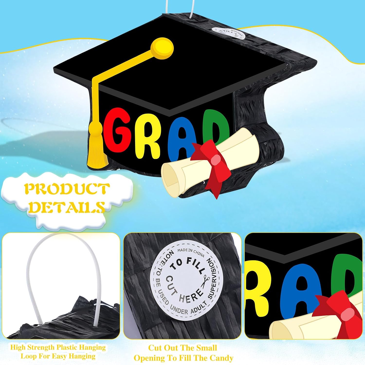 Threan 2026 Kindergarten Graduation Piñata Decoration Graduation Cap Piñata with Blindfold Bat Filler Party Favor for School Congratulation Supply 16.2x10.5x3.2