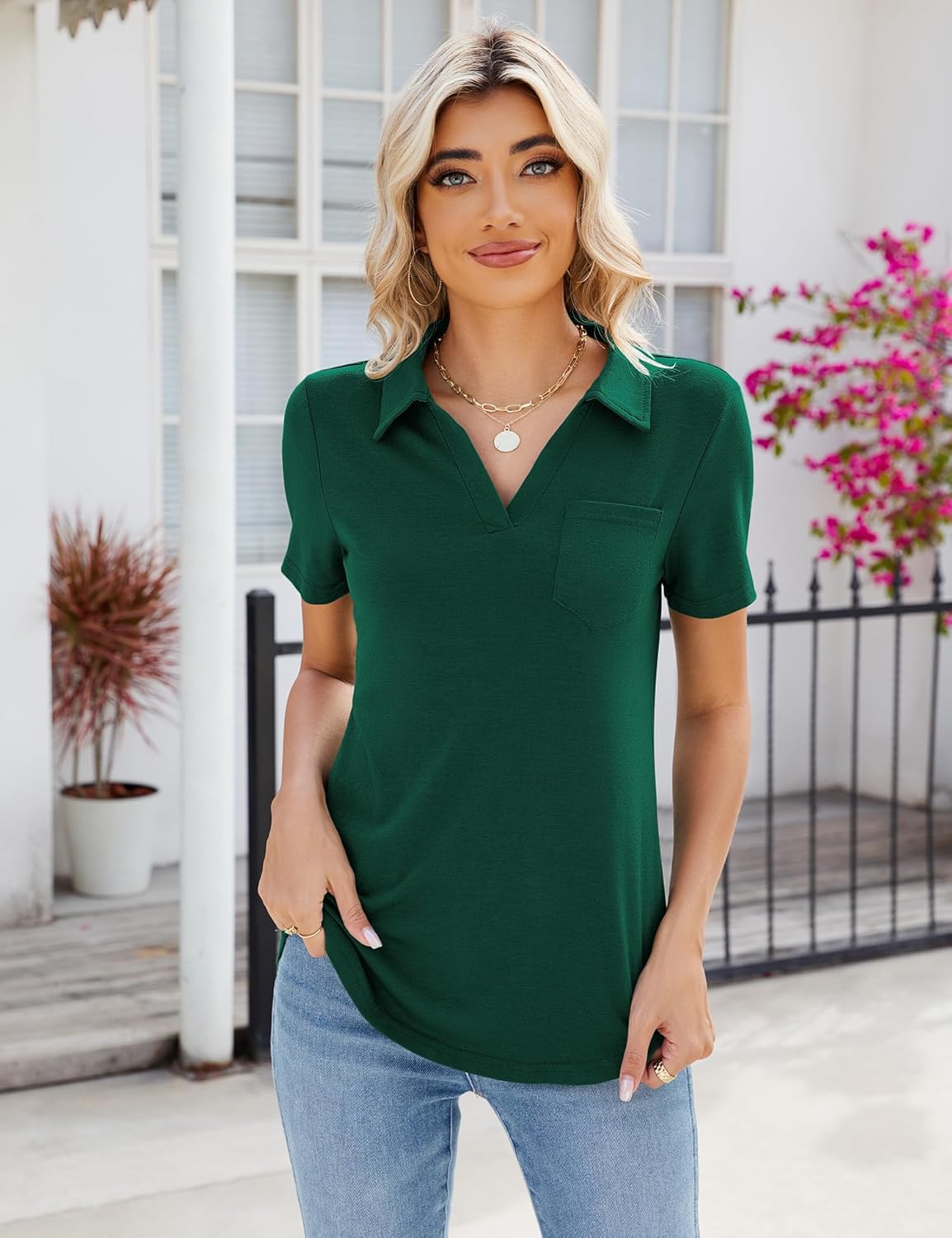 Women's Polo Shirts Collared Work Tops Short Sleeve Business Casual Dressy Blouses Summer Tops with Pocket - Image 3