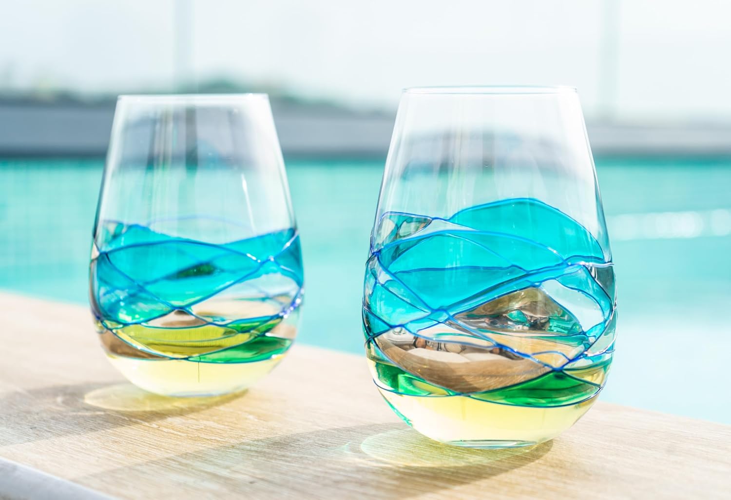 Victoria Barcelona Stemless Wine Glasses Set 2 17Oz Hand Painted Stained Turquoise Sea Unique Gift Anniversary Wedding Birthday Murano Inspired Antoni Gaudi Cornet