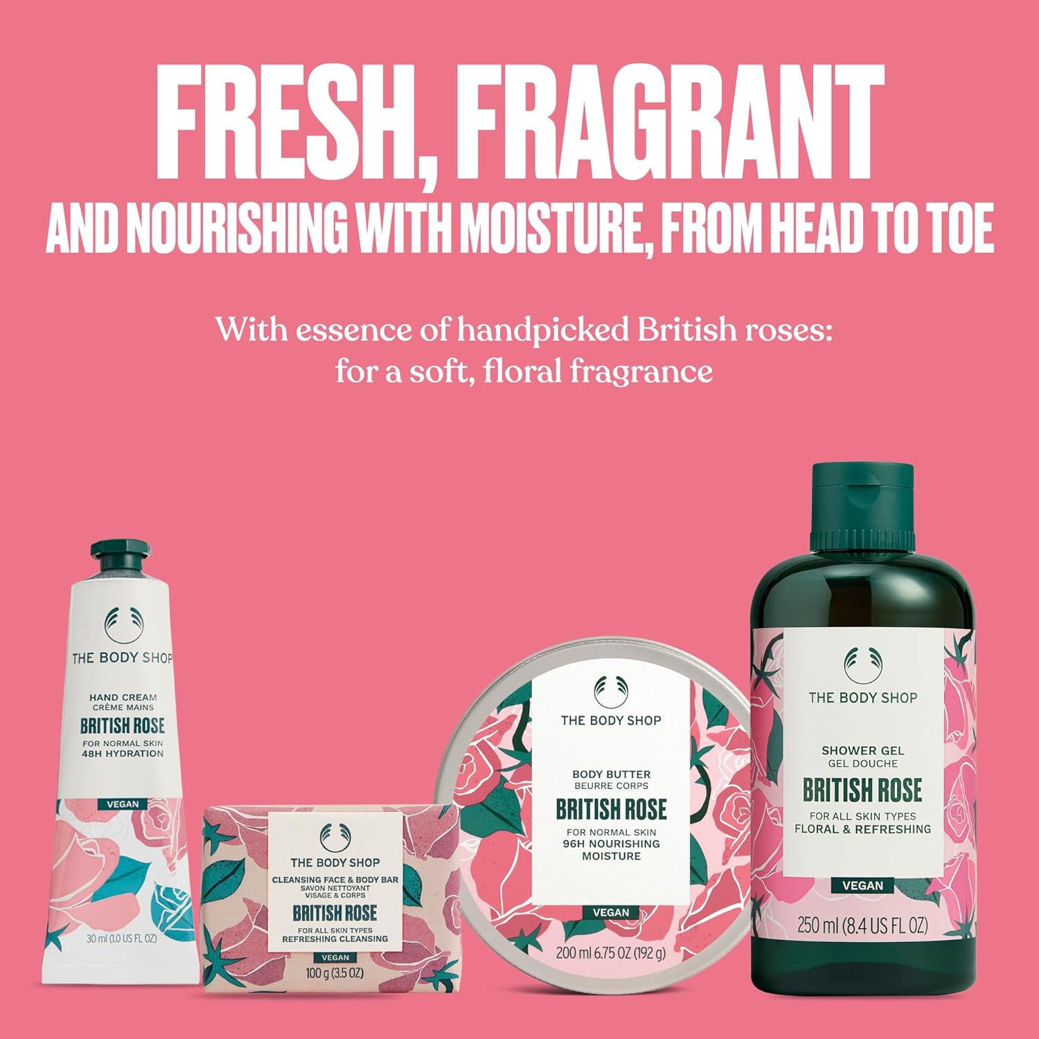 The Body Shop British Rose Collection Gift Set - 4 Piece Set, Shower Gel, Body Butter, Hand Cream, Face & Body Bar, Vegan - Image 3