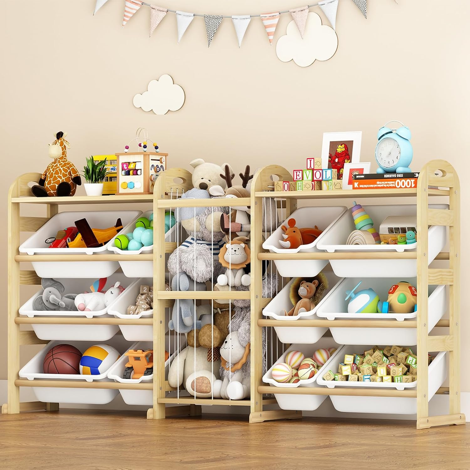 Toy Storage Organizer with Stuffed Animal Storage, 12 Toy Bins | 66.1"W White, 2-Shelf Bookcase / Bookshelf, Large Toy Organizers and Storage, Toy Box for Playrooms, Bedrooms Organization