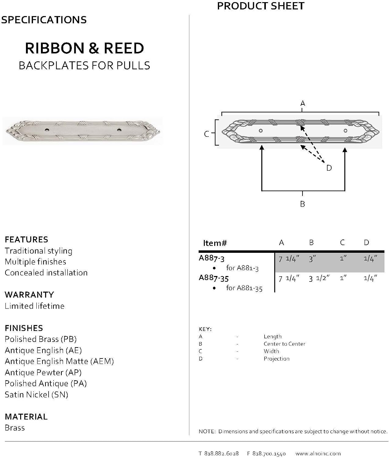 Alno A887-35-PB Product Sheet with Dimensions