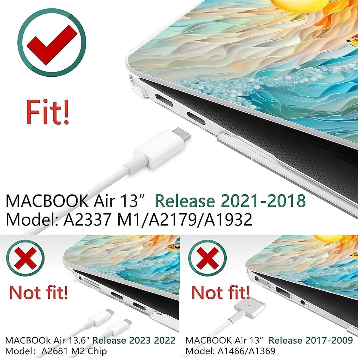 for MacBook Air 13 Inch Release 2022 Model A2681/A3240 M2 Chips Clear Computer Case,Novelty Premium Pattern Hardshell Laptop Case Ocean Turtle Sun Sunrise Glow