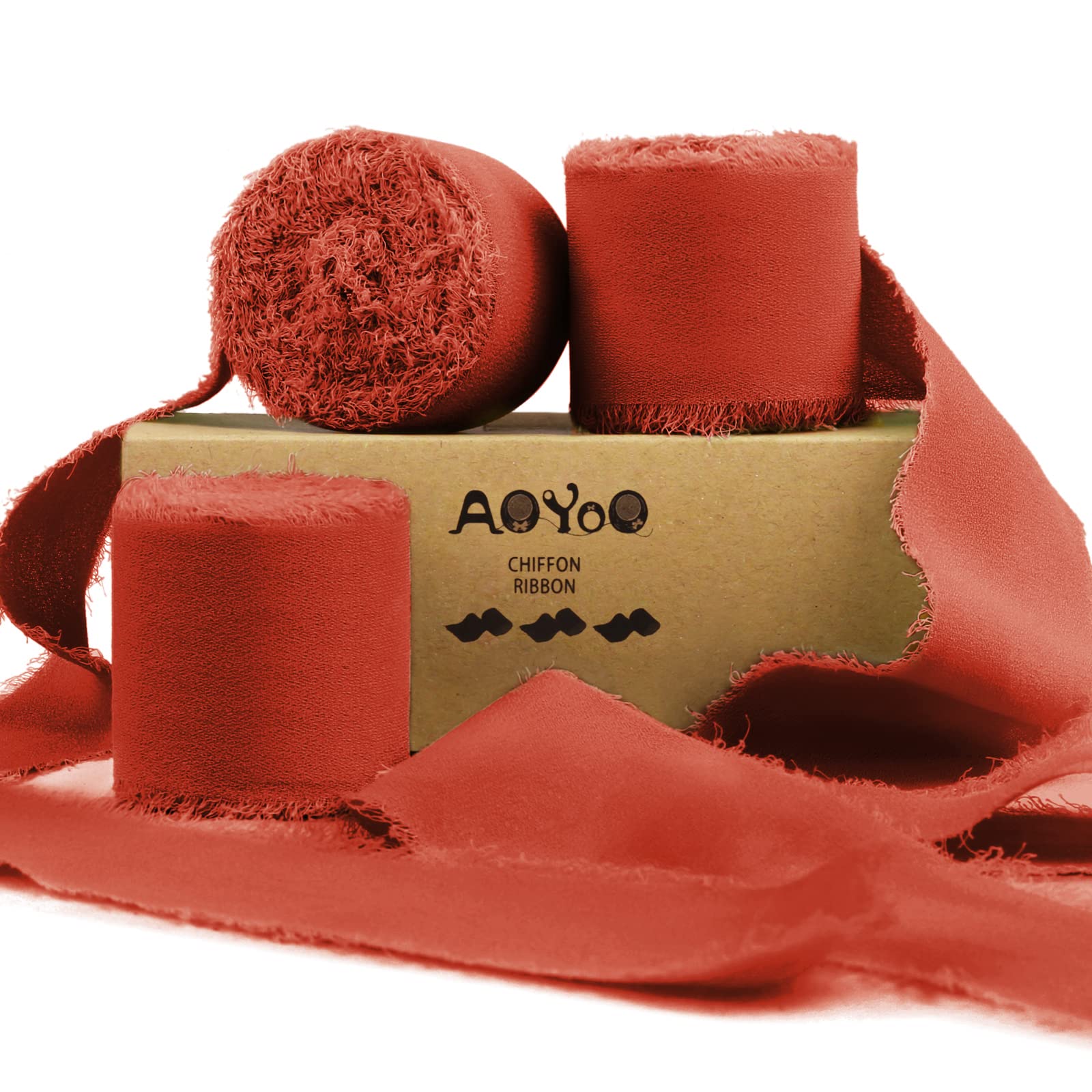AOYOO 3 Rolls Handmade Fringe Chiffon Silk Ribbon 1.5" x 7Yd Burgundy Chiffon Ribbons Set Perfect for Wedding Invitations, Bridal Bouquets, Gifts Wrapping, DIY Crafts