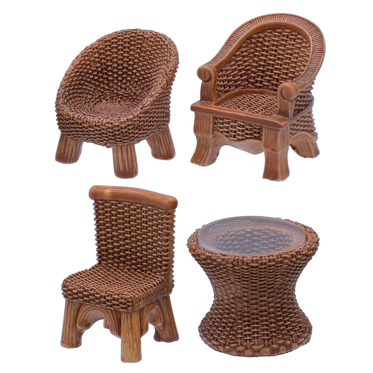 Miniature Model Orange Furniture 4 Pcs Set, Wicker Style Dollhouse Chairs and Table Collection, Brown Rattan Look, Fairy Garden Accessories-image-1