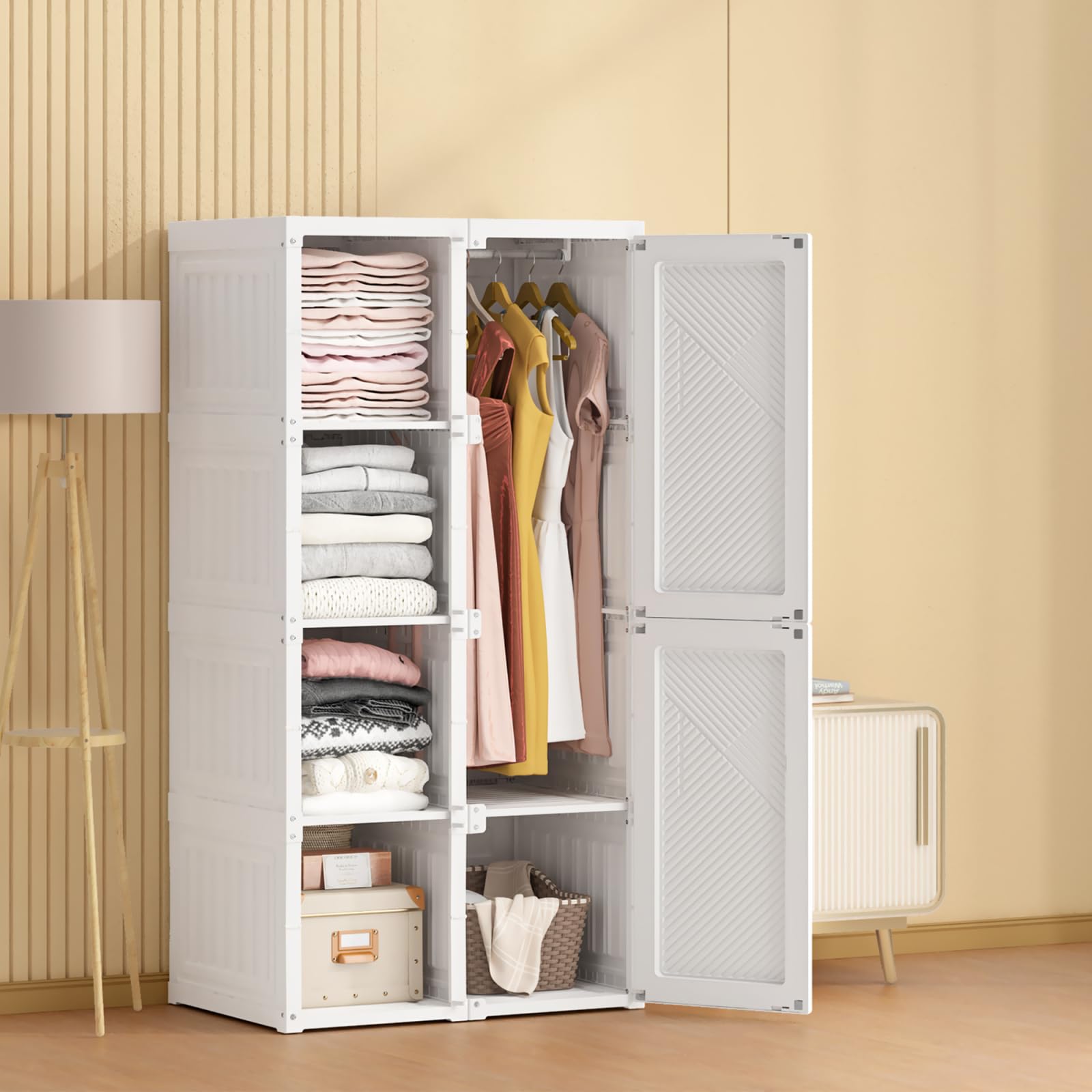Relaxdays Kledingkast Steeksysteem Met 2 Kledingstangen, Garderobe Met 14 Vakken Kunststof Reksysteem Wit