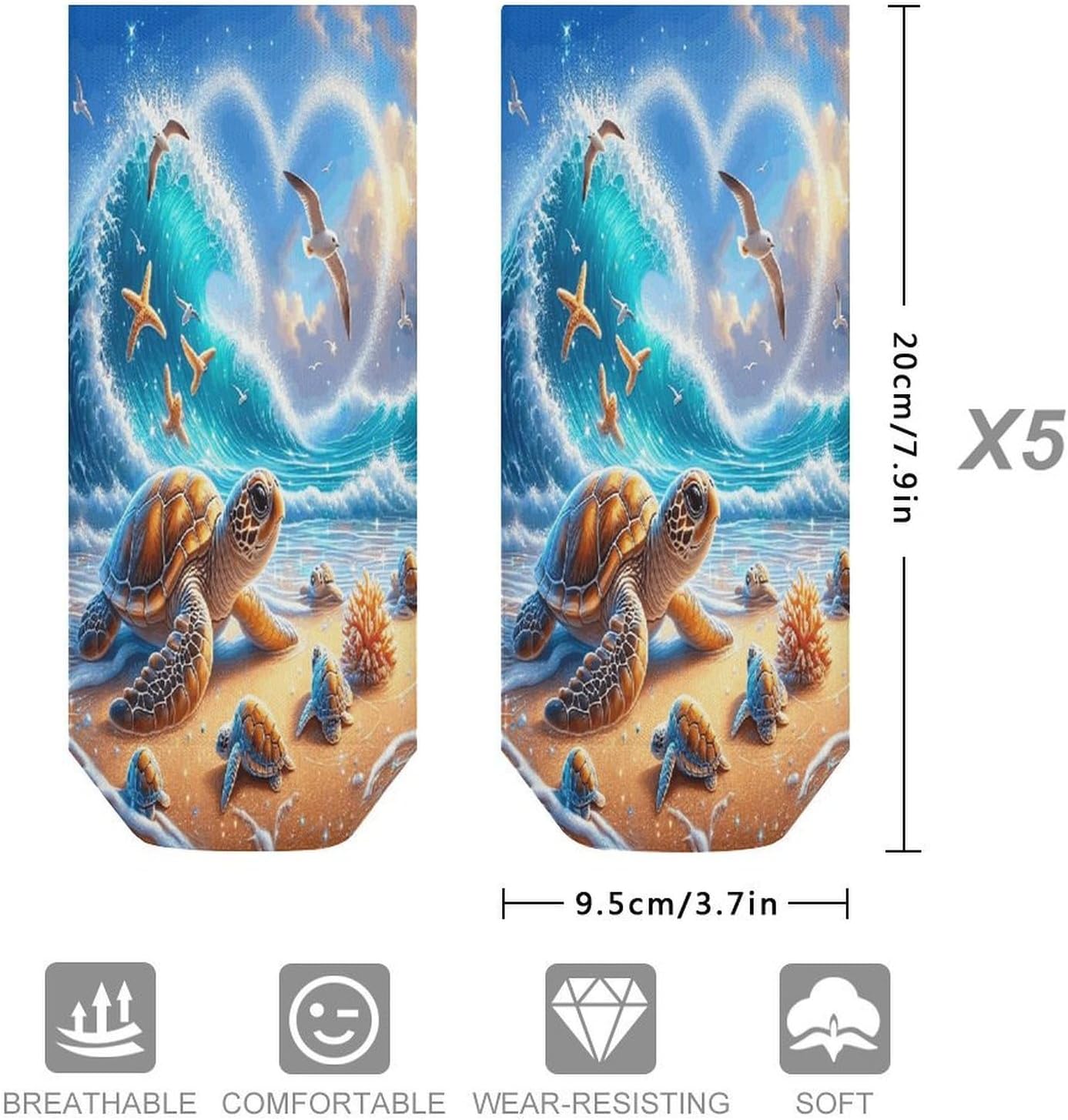 Romantic Beach Turtles 5Pairs Low Cut Ankle Socks for Women No Show Casual Breathable Athletic Socks for Sport