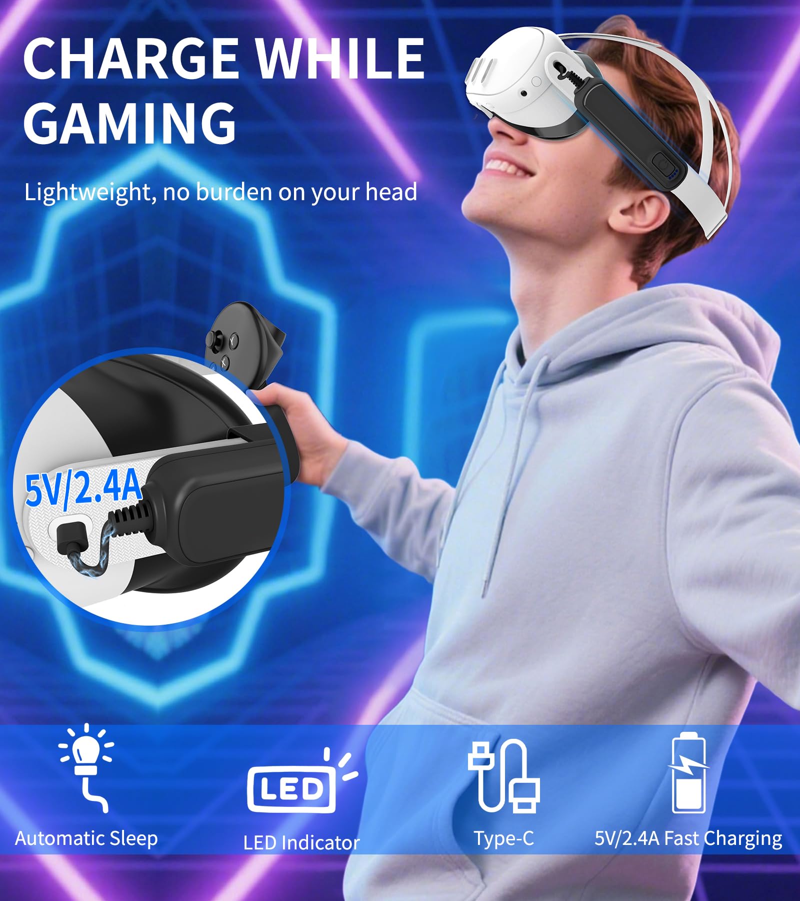 Paquete de batería para Meta/Oculus Quest 3s/3/2, batería externa de 5000 mAh para reproducción de realidad virtual prolongada, accesorios de auriculares VR ligeros y de carga rápida