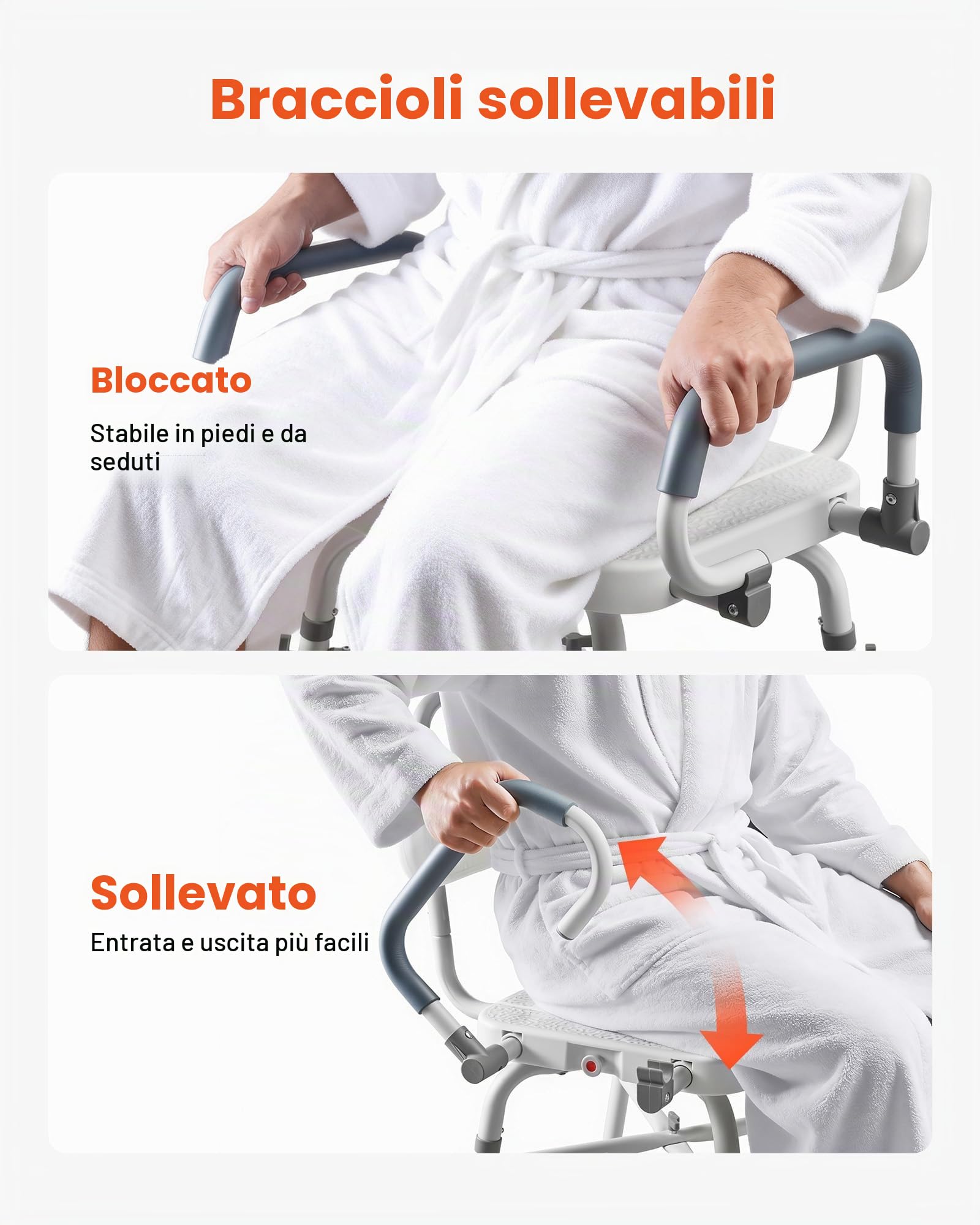 VEVOR Sedia da Doccia Girevole 360° con Braccioli Schienale, Sedia da Doccia per Anziani Pazienti Carico max 227 kg, Sedile Girevole per Vasca da Bagno Box Doccia Altezza Regolabile 415 a 540 mm
