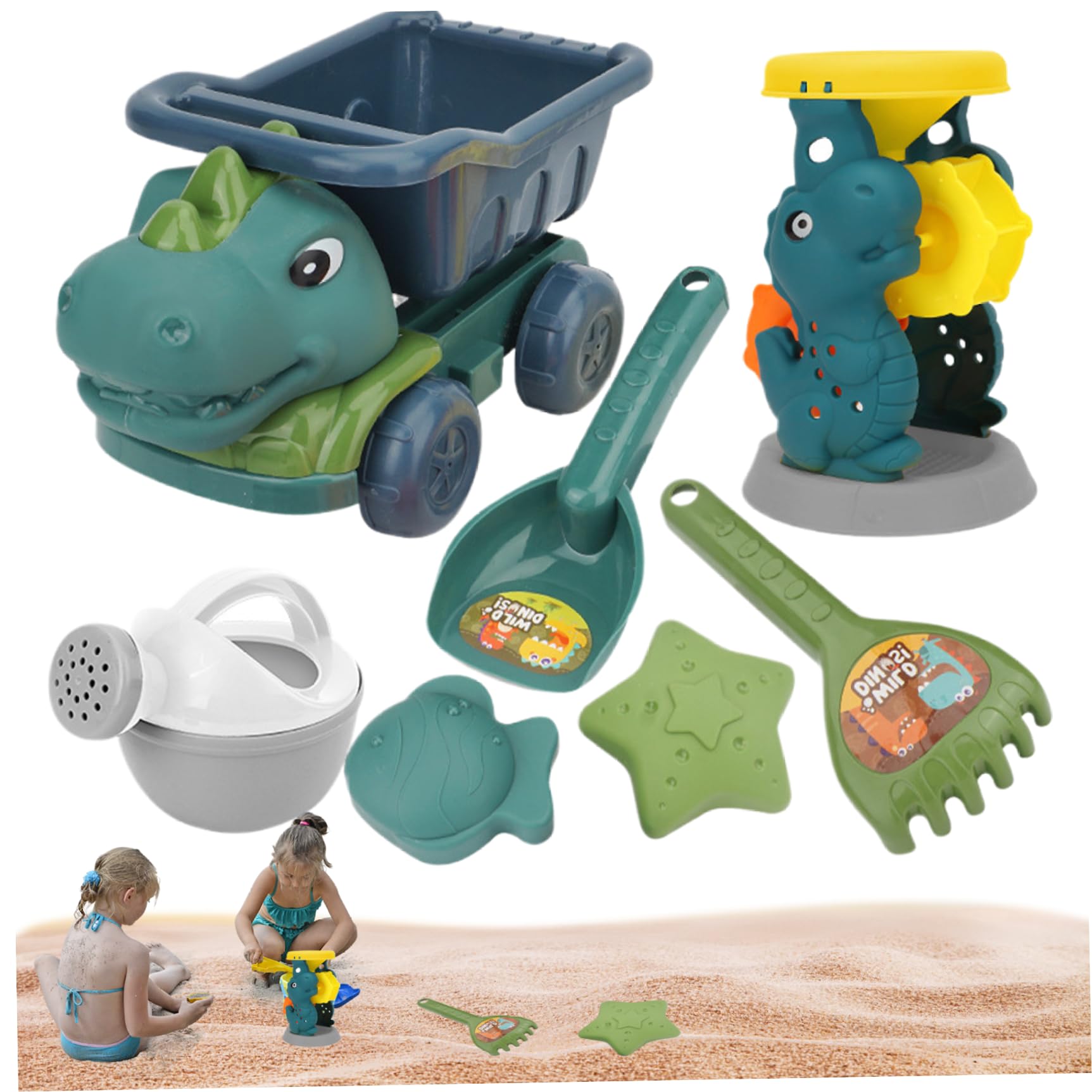 eurNhrN Juguetes de Playa 7pcs, Juguetes de Arena de Dinosaurio Incluye camión volcado, Lata de riego, Pala, rastrillo y moldes de Arena, Juguetes de plástico de Arena y Juegos