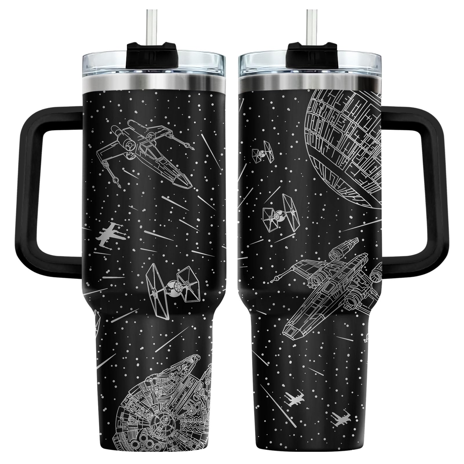 34HD Space Galaxy Tumbler 40oz with Handle and Straw, Sci-Fi Falcon Star Insulated Coffee Cup, Bookworm Gifts for Men & Women - Birthday Present to