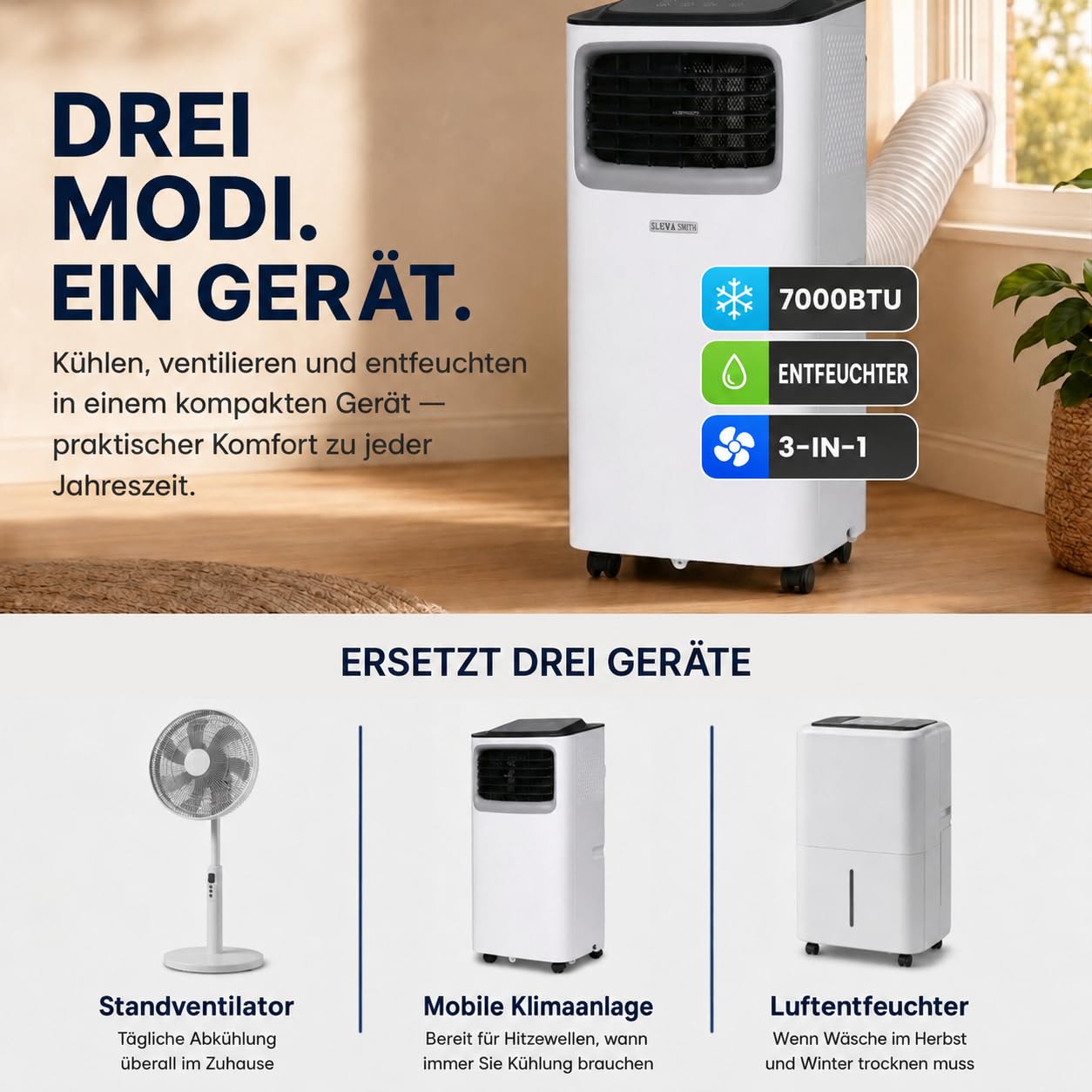 Olsen & Smith 7000 BTU Mobile Klimaanlage & Luftentfeuchter - 3-in-1 Klimagerät mit Abluftschlauch für kleine Räume, Schiebefenster-Adapter, 24h-Timer & Fernbedienung - Leise Mini Klimaanlage, Weiß
